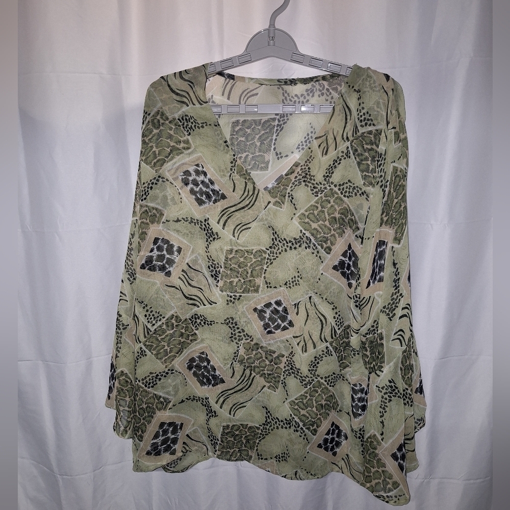 Chic Olive Patterned Women's Artsy Blouse